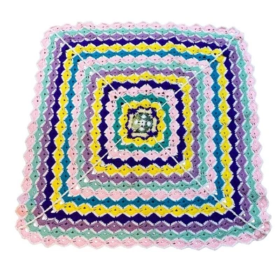 Handmade Crochet Granny Square Blanket Multi Color Baby Girl Throw Retro 39x37" - Image 1 of 4