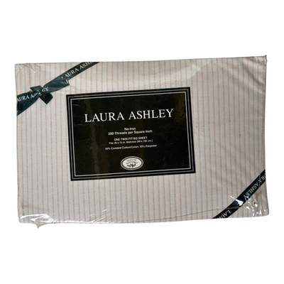 NOS Vtg  Laura Ashley Home Twin Fitted Sheet Tick Stripe Pink Cottagecore 80s - Image 1 of 4