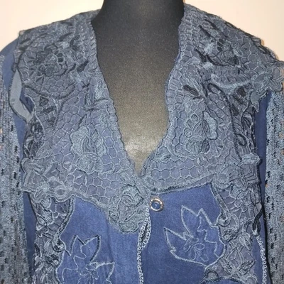 Blazer Newport News Styleworks Azul Encaje Denim Manga Crochet 4 Chaqueta Foto 1 de 4