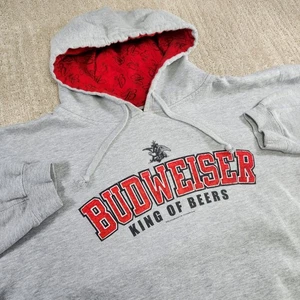 Vintage Budweiser Hoodie Men XL Y2K Fleece Spellout Sweatshirt King Of Beer Gray - Picture 1 of 11