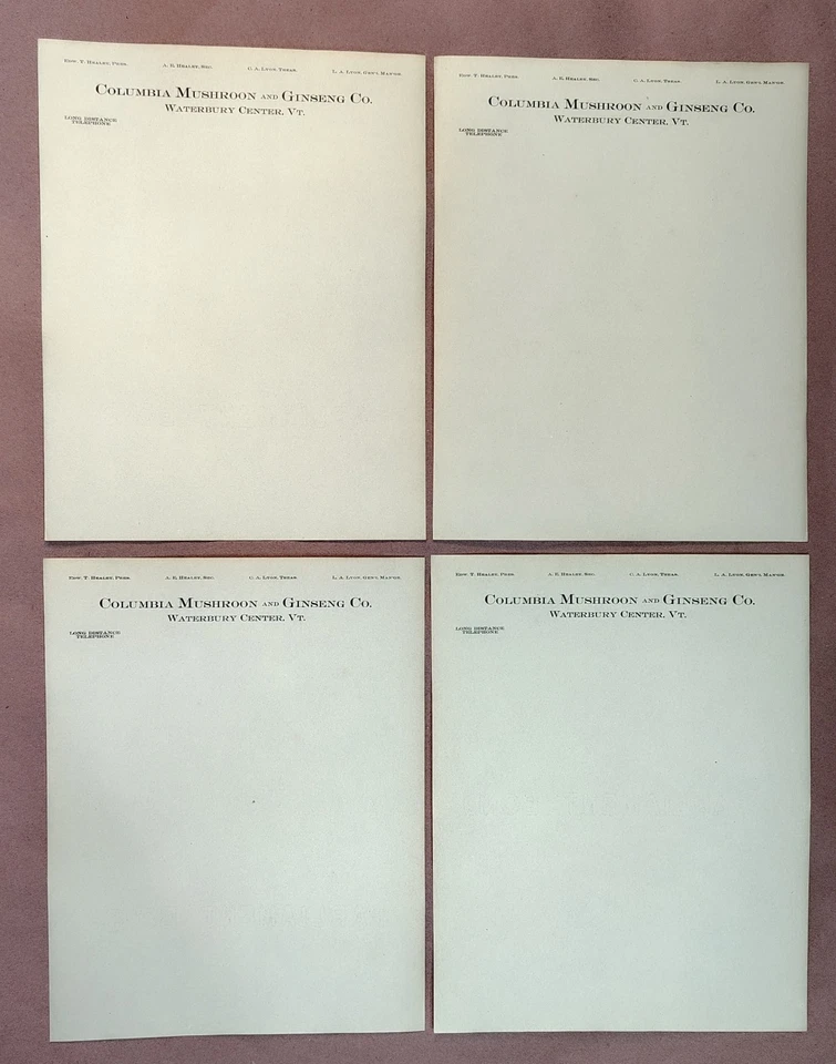 (4) VERMONT Columbia Mushroon (sic) And Ginseng Letterhead Stationery Watermarks - Image 1 of 1