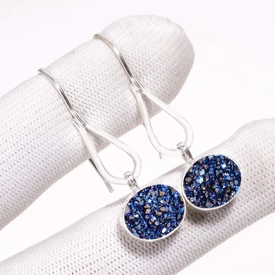 Blue Titanium Agate Drusy 925 Sterling Silver Earring, Christmas Gift E13432 - Image 1 of 4