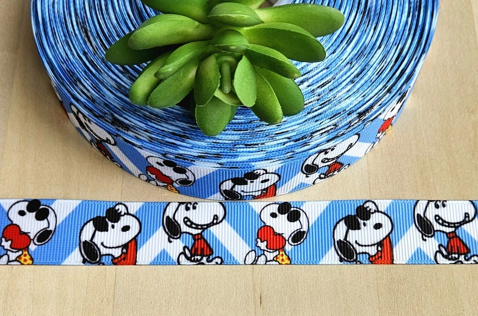 7/8" (1 YD) Snoopy Grosgrain Ribbon Blue & White Chevron Beagle  - Image 1 of 1