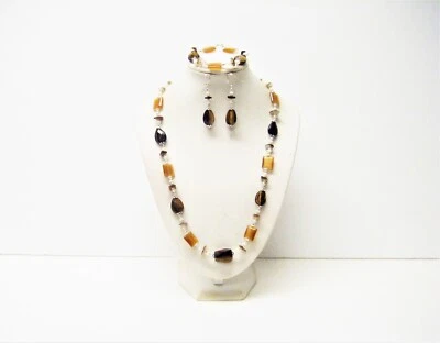 Lágrima marrón ojo de tigre con cuentas cuadradas planas naranjas cuello/brazalete/pendientes Foto 1 de 4