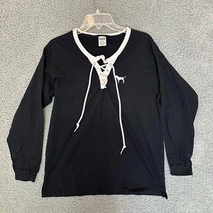 PINK Victoria's Secret Womens Lace Up Shirt Top Black Size L Large - Picture 1 of 3