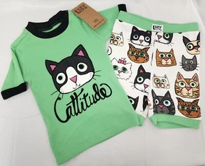 Lazy One Kids Pajama 2 piece Set CAT "Cattitude" Short Sleeve Tee & Shorts - Picture 1 of 4