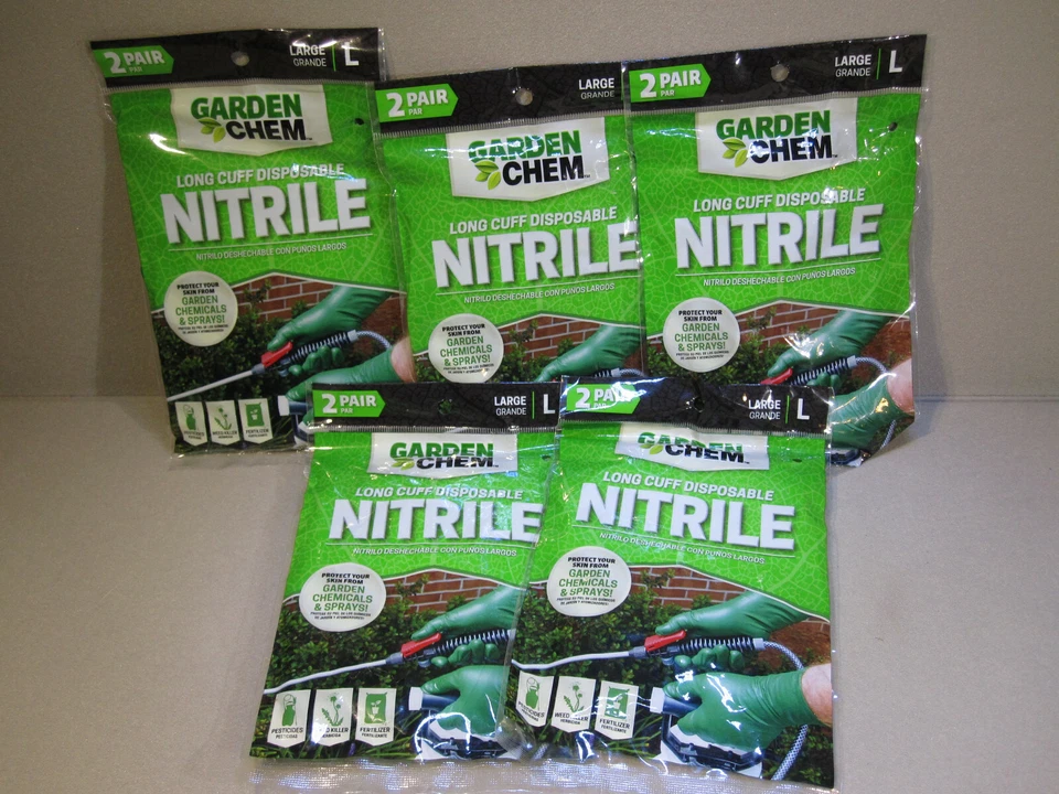 Guantes de nitrilo desechables de puño largo de Garden Chem - PAQUETE DE 2 PARES (LOTE DE 5) L Foto 1 de 4
