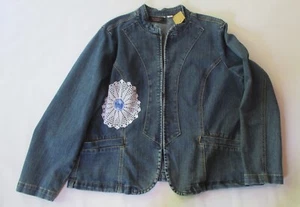 Rare Upcycled Denim Jacket Antique Crocheted Lace BoHo XLg KC Designs - Picture 1 of 2