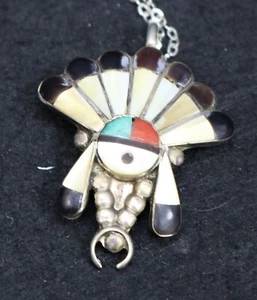 Native American Zuni Sterl Necklace Kachina Inlay Turquoise Coral Sat #232 - Picture 1 of 7