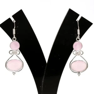 Rose Quartz Gemstone Handmade 925 Sterling Silver Jewelry Earring Size 1.8" - Picture 1 of 1