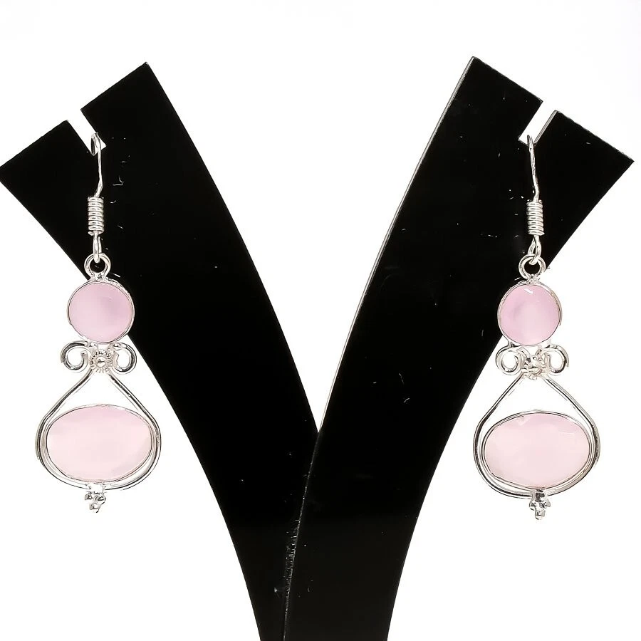 Rose Quartz Gemstone Handmade 925 Sterling Silver Jewelry Earring Size 1.8" - Image 1 of 1