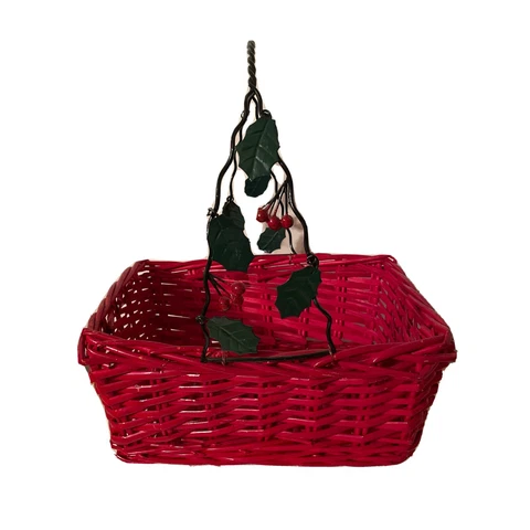 Red  Wicker Christmas Basket with Holly Leaves+ Berries on Wire Handle Rectangle Cover