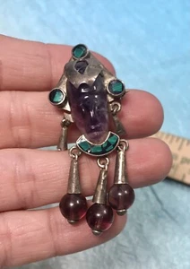 Taxco Mexico Sterling Silver Carved Amethyst Face Brooch Pin Pendant Malachite - Picture 1 of 5