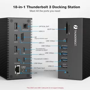 18-in-1 Thunderbolt 3 Docking Station USB C 40 Gbps DP 8K@30Hz Multiple Monitors - Picture 1 of 7