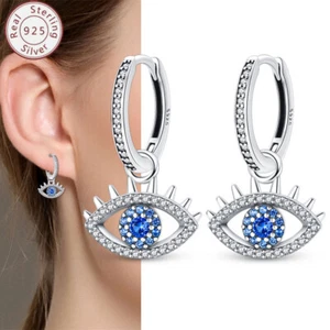 KUNSIR 925 Sterling Silver Small Evil Eye Dangle Hoop Earrings Lightweight Women - Picture 1 of 6