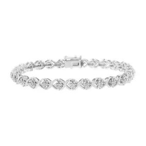 Round Cut Diamond Accent Floral Cluster & X Link Sterling Silver Bracelet 7.25" - Picture 1 of 7