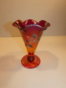 Fenton Red and Purple Iridescent Art Glass Vase, Florals, Artist Signature - Picture 1 of 7