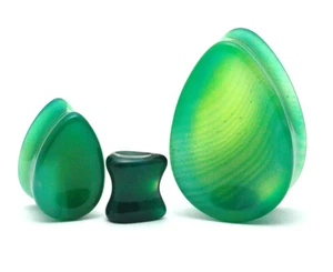 Concave Green Line Agate Teardrop Plugs (STN-685) set ear gauges PICK SIZE - Picture 1 of 4