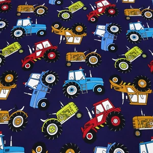 Stoffrest 40x145cm Baumwolle Jersey Farmer Trecker Traktor blau gelb rot orange - Bild 1 von 4
