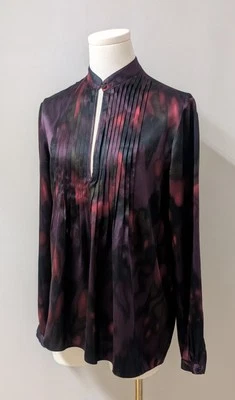 THEORY Purple Fuchsia Black Bianca Vague Silk Pintuck Keyhole Tunic Blouse S - Image 1 of 4