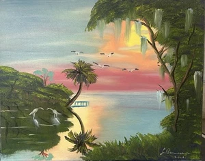 Dipinto paesaggio Florida di Larry Rasmussen stile Highwaymen arte olio su tela - Foto 1 di 3