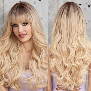 Ombre Blonde Wigs with Bangs Synthetic Women's Wig Long Wavy Layered Heat-Res... - Picture 1 of 7