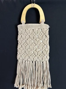 Bolso Boho Hippie Para Mujer Cartera Bolso de Mano Macramé Asas de Madera Flecos Largos - Imagen 1 de 6