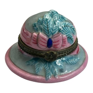 Ganz Vintage Porcelain Hat Shaped Collectible Trinket Box Pink Blue Bonnet - Picture 1 of 8