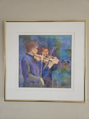 Margaret Berthold acuarela, dúo, violines, 16,25"x16,25" enmarcado/enmarañado Foto 1 de 4