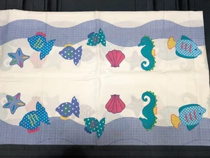 Vintage 90er Nähstoff 4 Yard Beachy Muschel Fisch Bordüre Druck Baumwolle blau Gingham - Bild 1 von 5