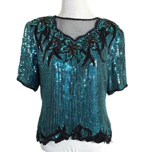 Vintage 80s 90s Scala Silk Beaded Sequined Mermaid Blouse Size Small Teal - Picture 1 of 11