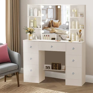 Weiß Schminktisch mit 10 LED Beleuchtung Spiegel, 7 Schublade große Frisiertisch - Bild 1 von 11