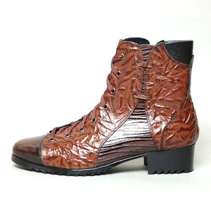 Para hombre Marrón Cuero Único Forma de Arrugas Con Cremallera Lateral Con Cordones Traseros Tacho Botines al Tobi - Imagen 1 de 4