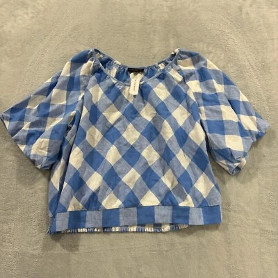 Blusa LANE BRYANT 26 Corte Manga Globo Top LINO Mezcla Cuadros Nueva con Etiquetas $59 Azul Foto 1 de 4