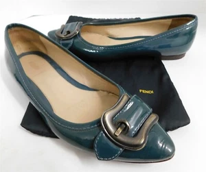 Fendi Teal Patent Leather Pewter Buckle Flats Italy 40 - Picture 1 of 6