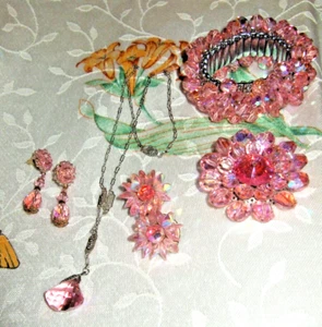 WUNDERSCHÖNES rosa AB Kristalle Armband Deko rosa Glas Halskette AB Pin Ohrringe Set - Bild 1 von 5