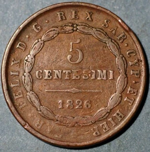 1826 P Italian States SARDINIA 5 Centesimi Carlo Felice KM# 127.2 - Picture 1 of 2