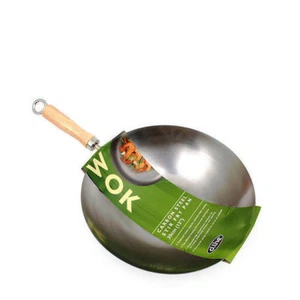 Wok 30cm Professional Carbon Steel Chinese Wood Handle Flat Base Stir Fry - Picture 1 of 2