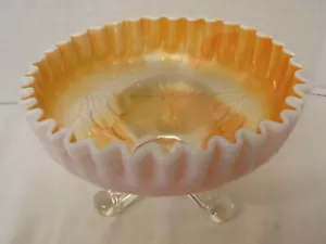 Vintage Carnival Glass Scalloped Orange Iridescent Opalescent Bowl Frosted White - Picture 1 of 6