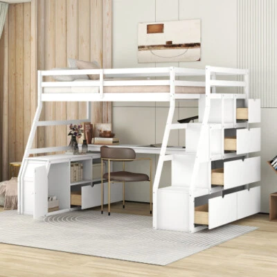 Wood Loft Bed with Desk and Storage Cabinets & Stairs Twin Size Bed Frame Modern - Image 1 of 4