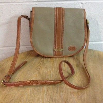 Vintage 80s LIZ CLAIBORNE Crossbody Purse Bag Small 1/2 Moon Leather Taupe Brown - Image 1 of 4