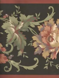 JACOBEAN CORAL FLORALON BLACK WALLPAPER BORDER - Picture 1 of 1