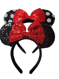 A NWOT SET (2) OF SEQUINED MINNIE MOUSE EARS ON HEADBANDS ADULT SIZE COSTUME - Picture 1 of 6