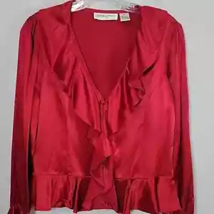Blusa de vacaciones Bloomingdales roja con volantes de seda talla 12P 12 pequeña elegante - Imagen 1 de 8