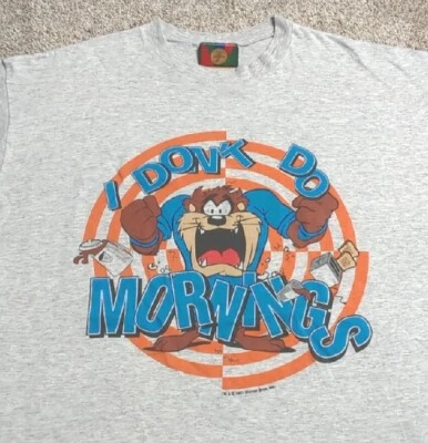 复古 Taz "I Don't Do Mornings" 衬衫 美国制造 1991 年单针罕见 2XL — 第 1/4 张图片