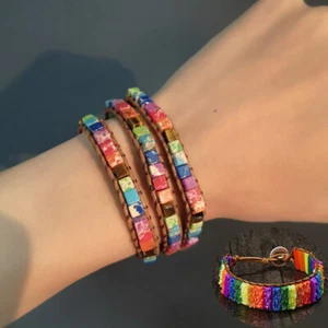 Natural Stone Bracelet Gift Tube Beads Jewelry Artificial Leather Wrap Bangle - Picture 1 of 11