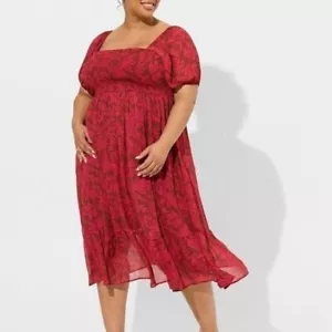 Torrid Damengröße 4X rot/burgund Chiffon gesmoktes Babydoll Midi Plus Kleid neu mit Etikett - Bild 1 von 24