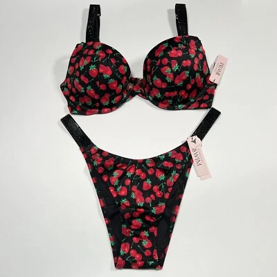 Victoria Secret 34DD M SEXY TEE Push Up Bikini Top Bottom Set Shine Strap Cherry - Image 1 of 4