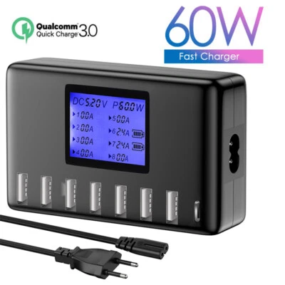 USB Ladegerät Hub 60W 8 Ports Ladestation 12A USB C mit LCD Display Mehrfach - Bild 1 von 4