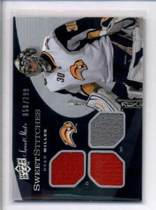 RYAN MILLER 2007/08 SWEET SPOT TRIPLE GAME USED WORN JERSEY #058/299 AJ8771